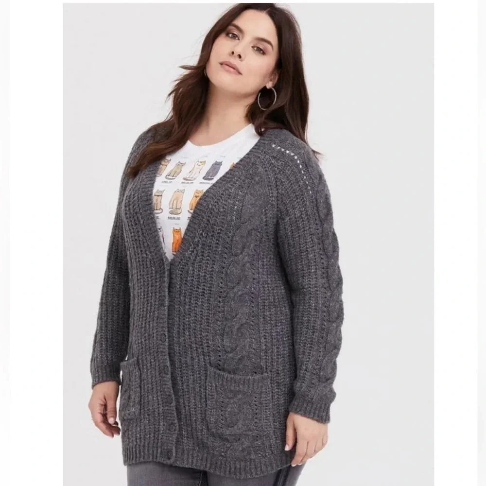 Torrid plus size‎ 2 2X Gray Cable Cardigan Sweater Grandpa Grey Wool Blend Cozy